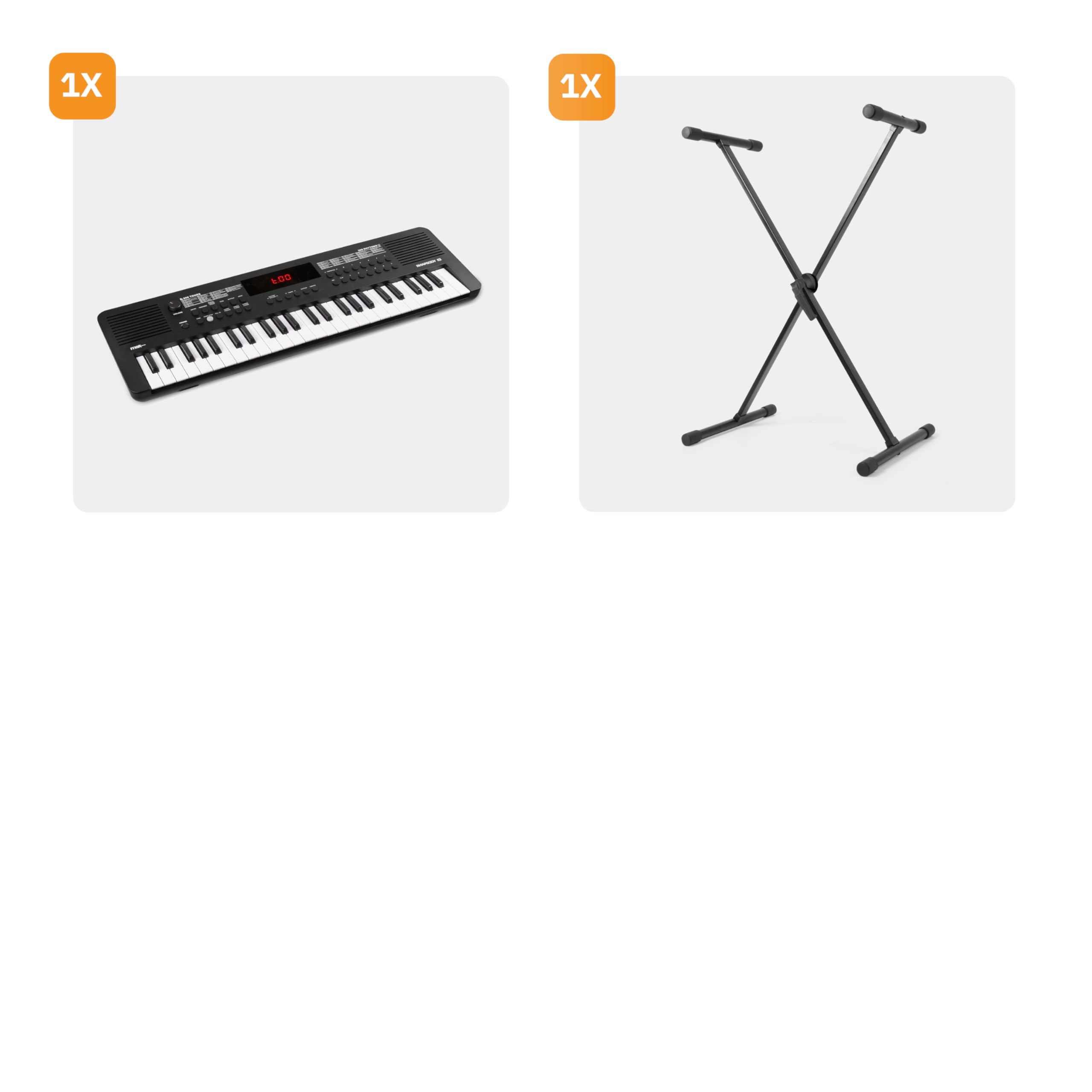 MAX Rhapsody49 - Piano eléctrico de 49 teclas para principiantes con función de aprendizaje, con 300 sonidos, altavoces, pantalla LED, 80 canciones de demo, teclado de piano, USB-C, Midi y soporte