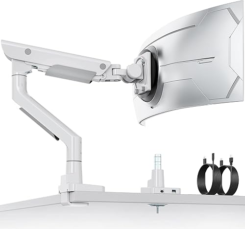 Miniatura 10 de monTEK Elegante brazo de monitor de aluminio para pantallas ultraanchas de 17 a 57 pulgadas de hasta 59 libras, USB 3.0 AC, soporte de escritorio