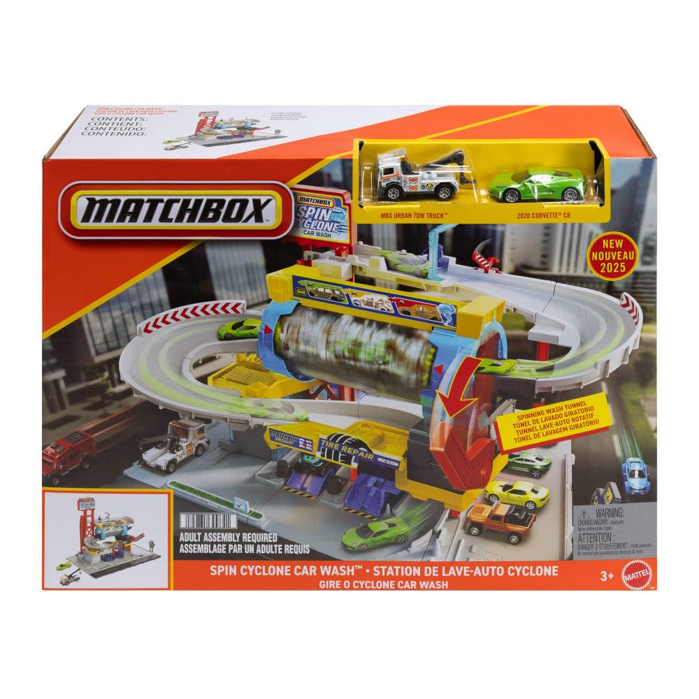 Matchbox - Autolavaggio Cyclone, set con pista, auto da corsa e carro attrezzi inclusi, tunnel di lavaggio rotante, officina meccanica e parcheggio, giocattolo per bambini, 3+ anni, JGB68