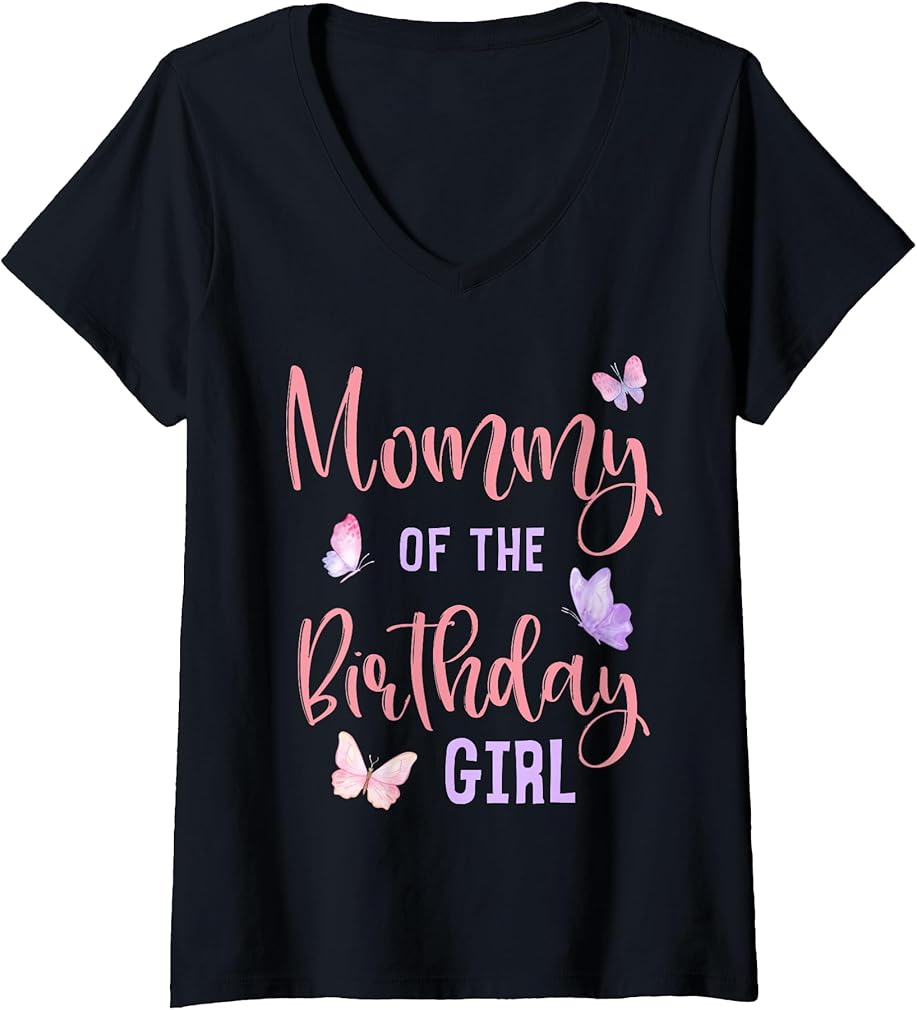 Womens Mommy of The Birthday Girl Butterfly Party Matching Family V-Neck T-Shirt