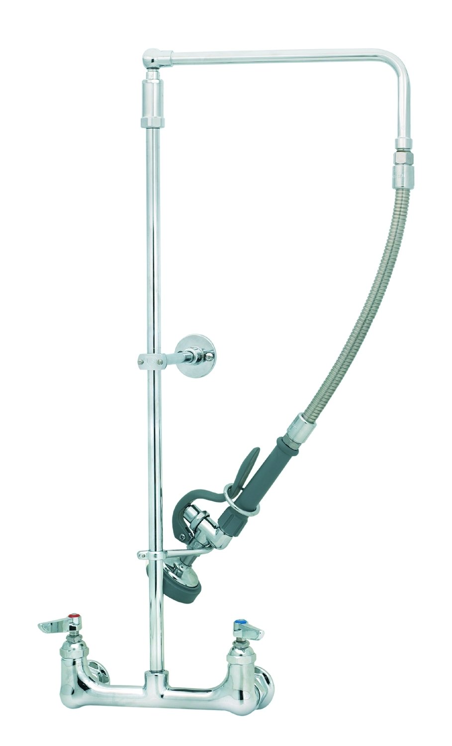 Pre-Rinse, Overhead Swivel Arm, Wall Mount Base, 8-Inch Centers, Wall Bracket and Ceramas by T&S Brass – Brass, Polished Chrome, Model B-0131-CR-B