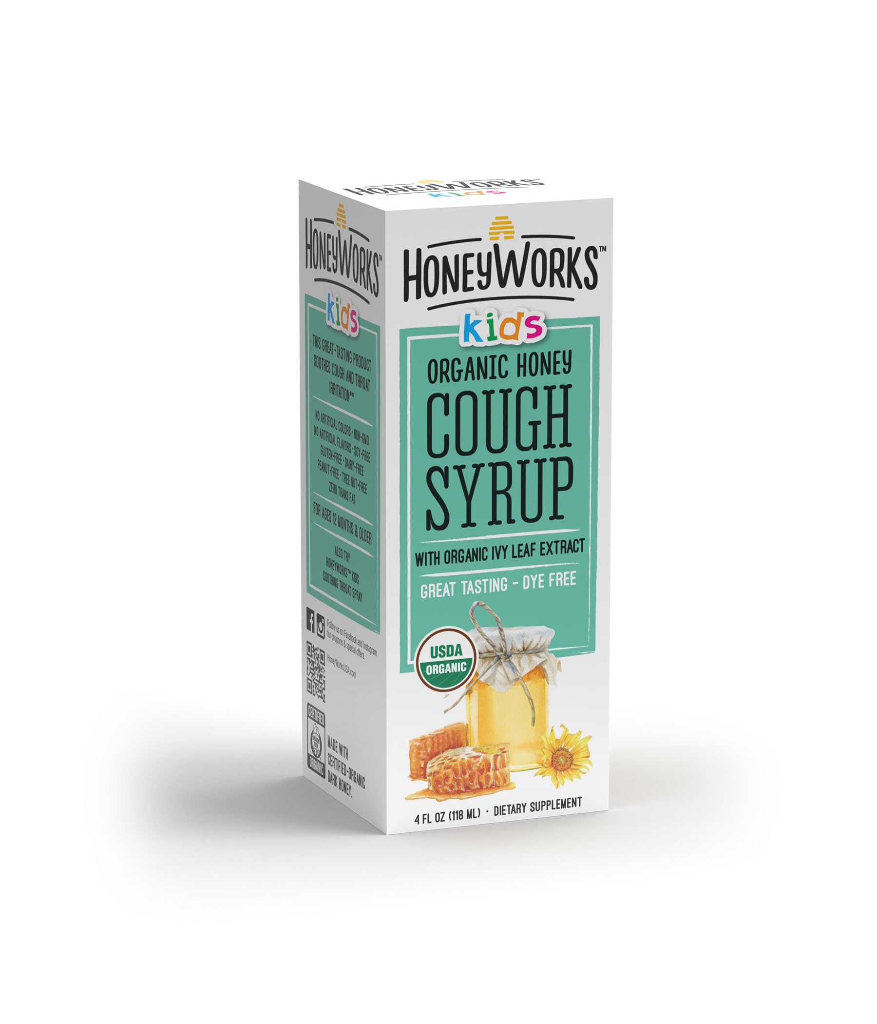 HoneyWorks Cough Syrup for Kids with Organic Honey, 4 Oz, Helps Soothe Cough & Throat Irritation with Dark Honey, Ivy Leaf Extract, Vitamin C & Zinc