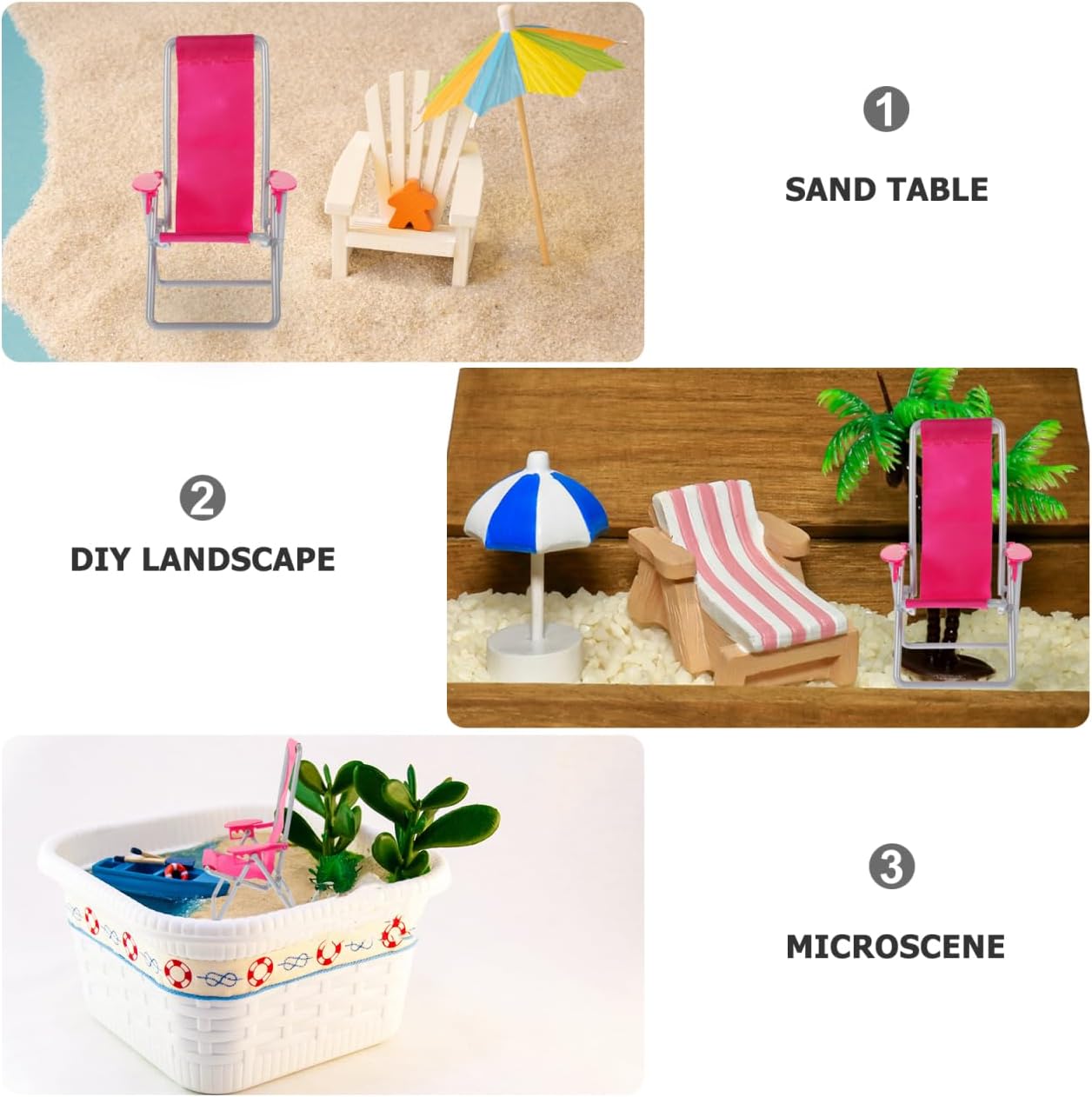 2PCS Miniature Beach Chair Dollhouse Mini Folding Chairs Mini Sunbath Longue Deck Dollhouse Furniture Accessories for DIY Fairy Garden Beach Decoration