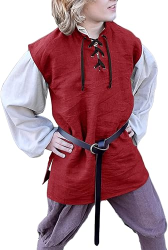 Miniatura 4 de Camisetas de pirata renacentista para niños, estilo vikingo, medieval, sin mangas, con cordones, de algodón escocés