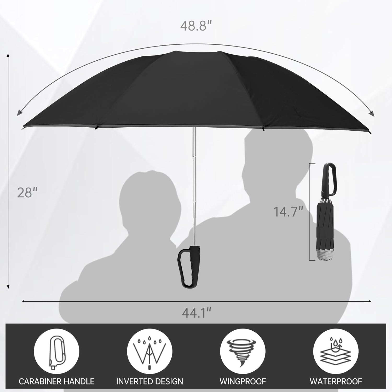 50in Inverted Folding Travel Umbrella – Windproof 10Ribs Upside Down Umbrella with Carabiner Handle, Rain Sun Protection for Women Men (Black)