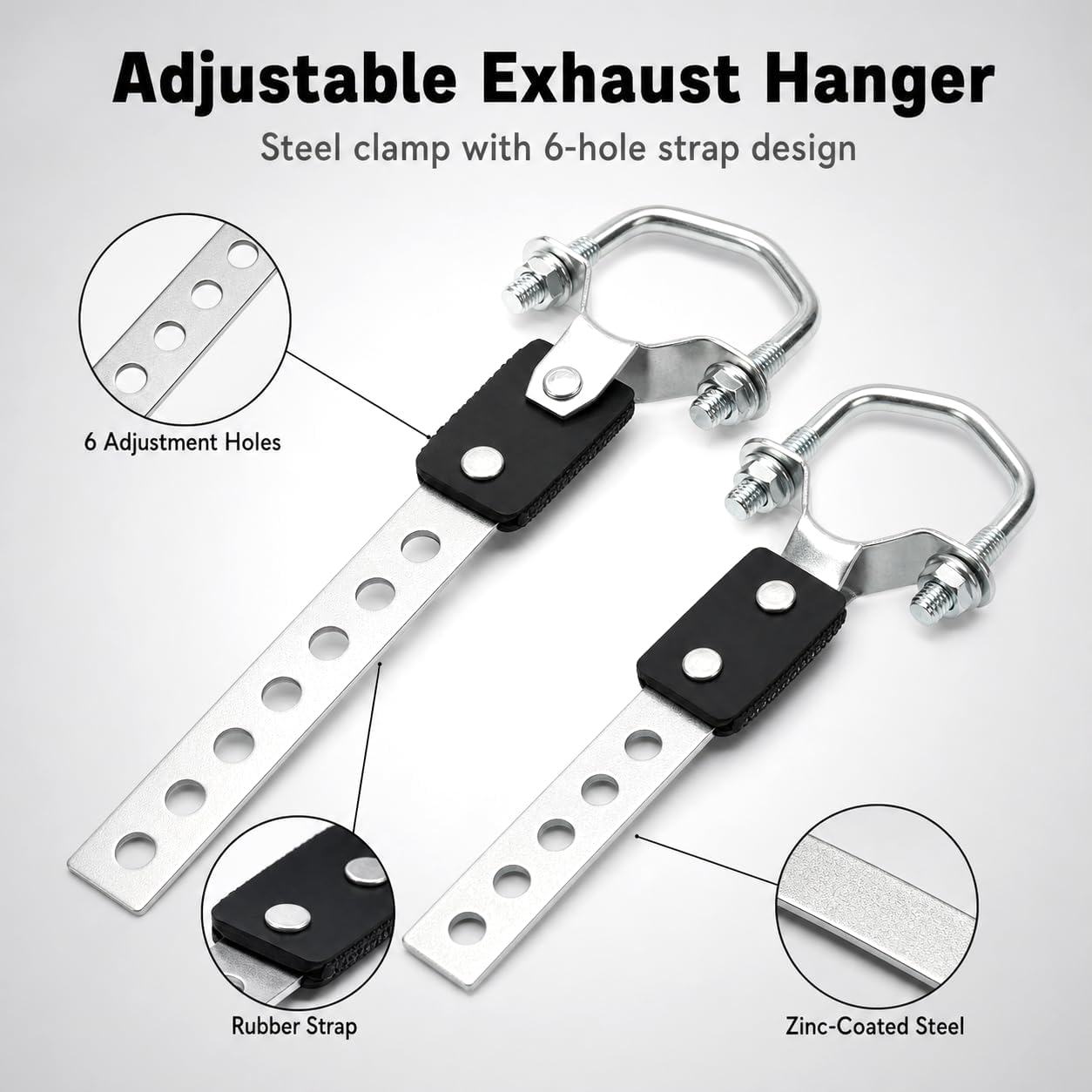 QWORK 2 Pcs Universal Exhaust Hanger 10.6 Inch Length Fits 2-1/4 Inch Pipe – Adjustable 6-Hole Strap for Tail Pipe Support, Muffler Installation & Vibration Reduction – Zinc Coated Steel