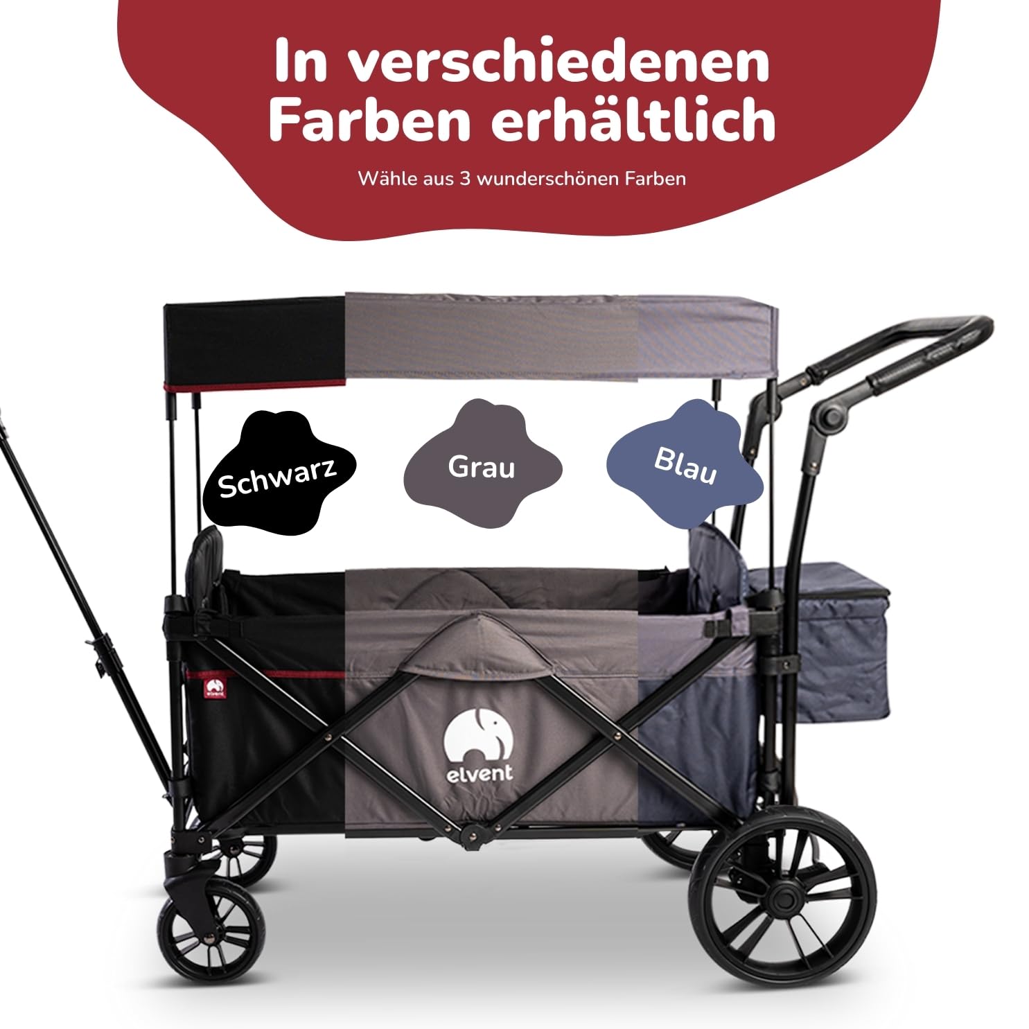 elvent® City SmartCruiser Bollerwagen - Handwagen faltbar mit Dach I Sitzpolster, Hecktasche, Feststellbremse, PU-Reifen, 5-Punkt-Gurt I für 2 Kinder | Teleskop-Zugstange (Grau)