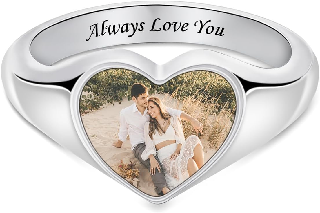 LucySky Sterling Silver Heart Chunky Band Personalized Photo Rings for Women Engraved Promise Ring for Women Mom Grandma on Mother's Day Christmas Birthday