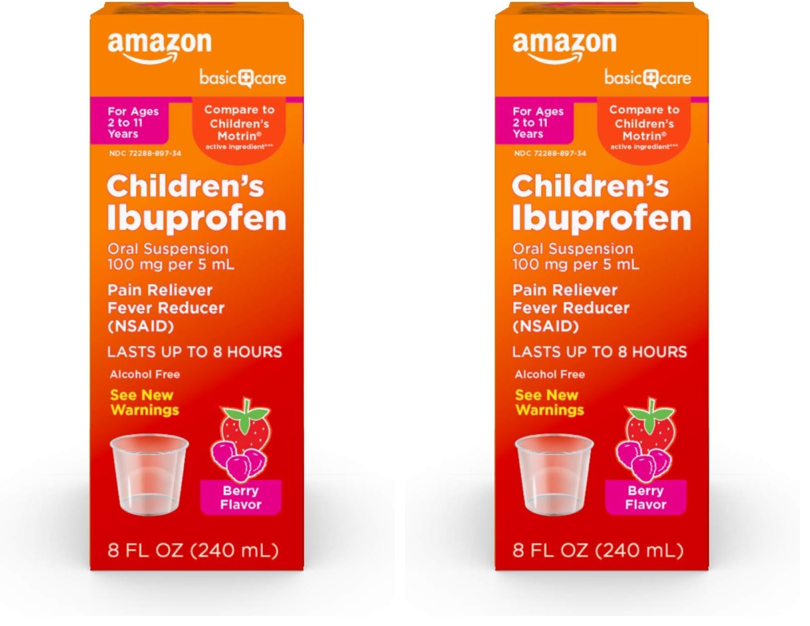 Amazon Basic Care Children's Ibuprofen Oral Suspension, 100 mg per 5 mL, Pain Reliever and Fever Reducer, Berry Flavor, for Sore Throat, Headache Relief and More, 8 fl oz (Pack of 2)