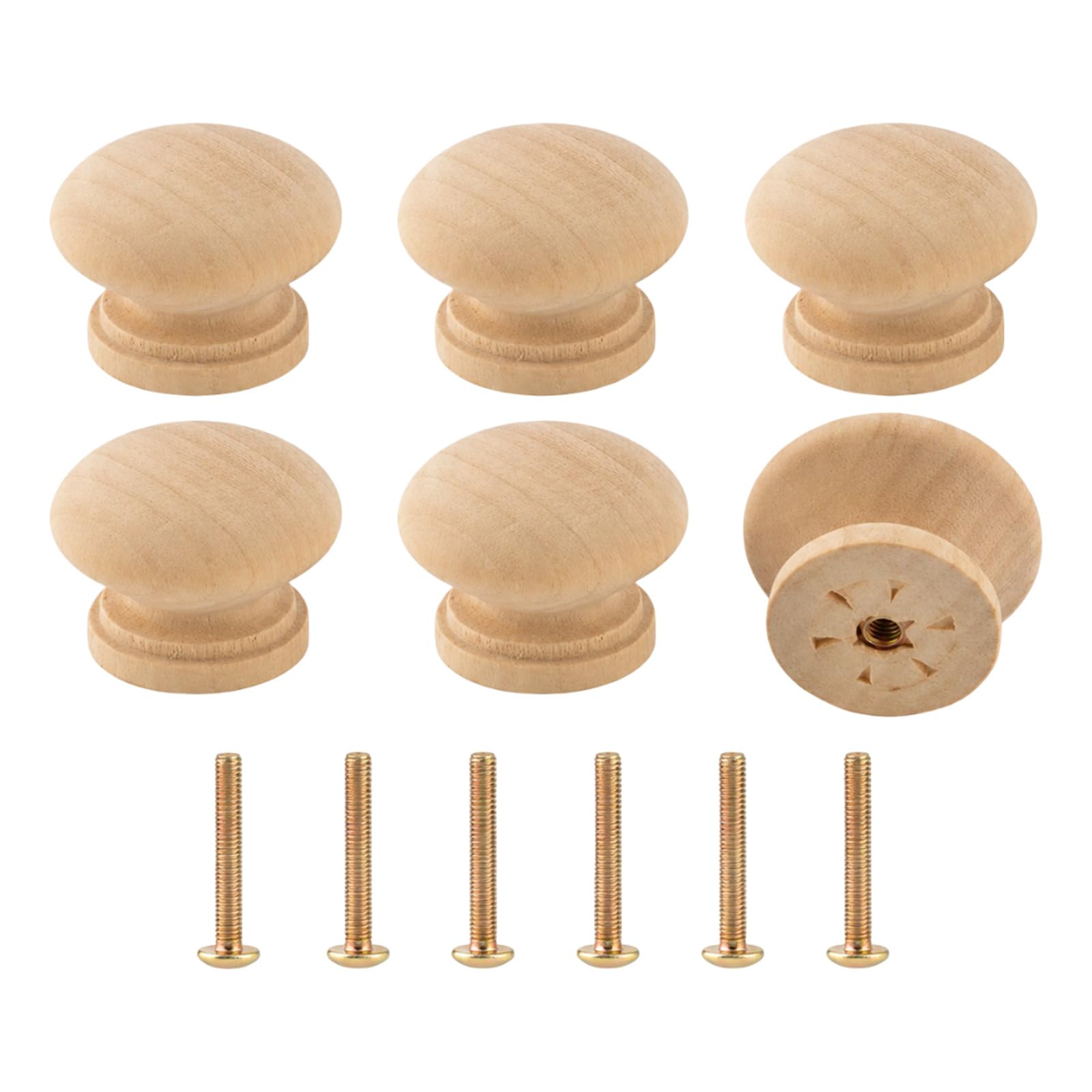 EUQWOSDD 6 Pack 35mm*25mm Mushroom Wooden Cabinet Knobs, Natural Unfinished Solid Wood Drawer Pulls with Screws, Round Cupboard Handles for Furniture Wardrobe Dresser Office
