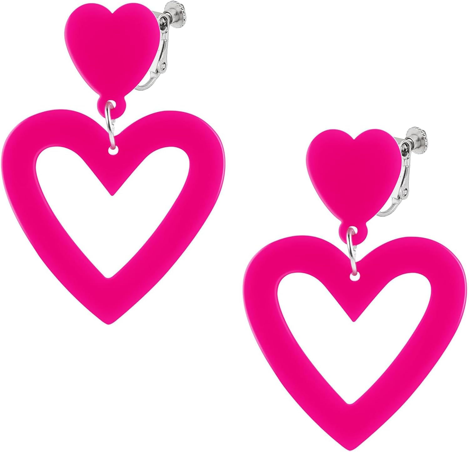 Hot Pink Heart Love Earrings for Women Clip on Dangle Drop Earrings Non Pierced 70s 80s 90s Retro Neon Jewelry