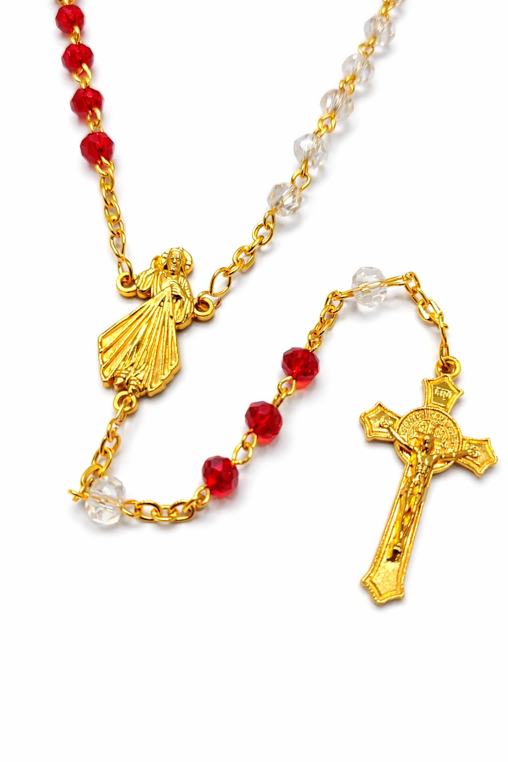 serah Divine Mercy & Archangel Michael Rosary – Red & White 6mm Crystal Beads, Gold‑Tone Anti‑Tarnish Crucifix, Catholic Prayer Rosary for Daily Devotion & Gifting-image-1