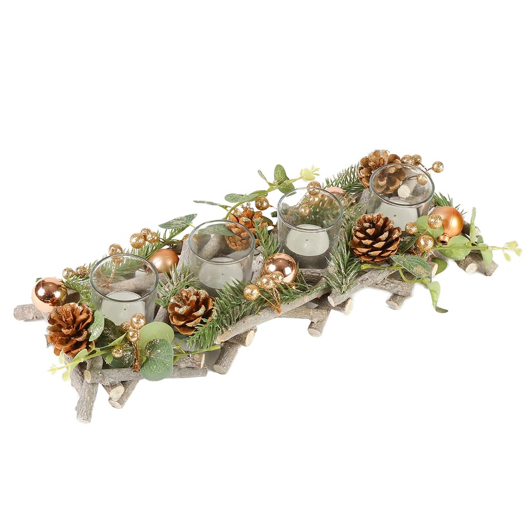Christmas Table Decoration Tea Light Candle Holder Jar Four Section Pine Cone & Natural Wood Christmas Winter Table Centrepiece Décor Festive Tealight Holder Xmas Table Decorations (Gold)