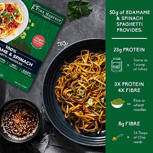 Image of Pink Harvest Farms Edamame & Spinach Spaghetti Noodles | No Rice - No Maida | Vegan | Gluten Free | High Protein | Keto | 3 x 200gm Pack