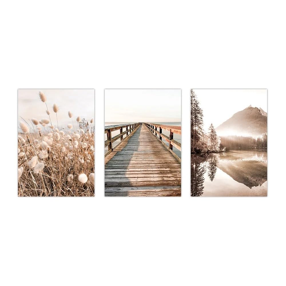SOBMQ Poster-Beige Nature Landscape Wall Art Bridge Lake Mountain Canvas Painting Reed Grass Poster Picture Nordic Living Room Decoration-60 * 70cm-3PCS (No Frame)