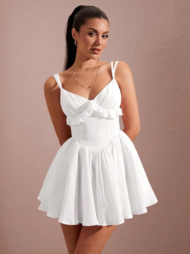 LOOBIS Women's Casual 2024 White Cami Dress Summer Sexy Deep V-Cup