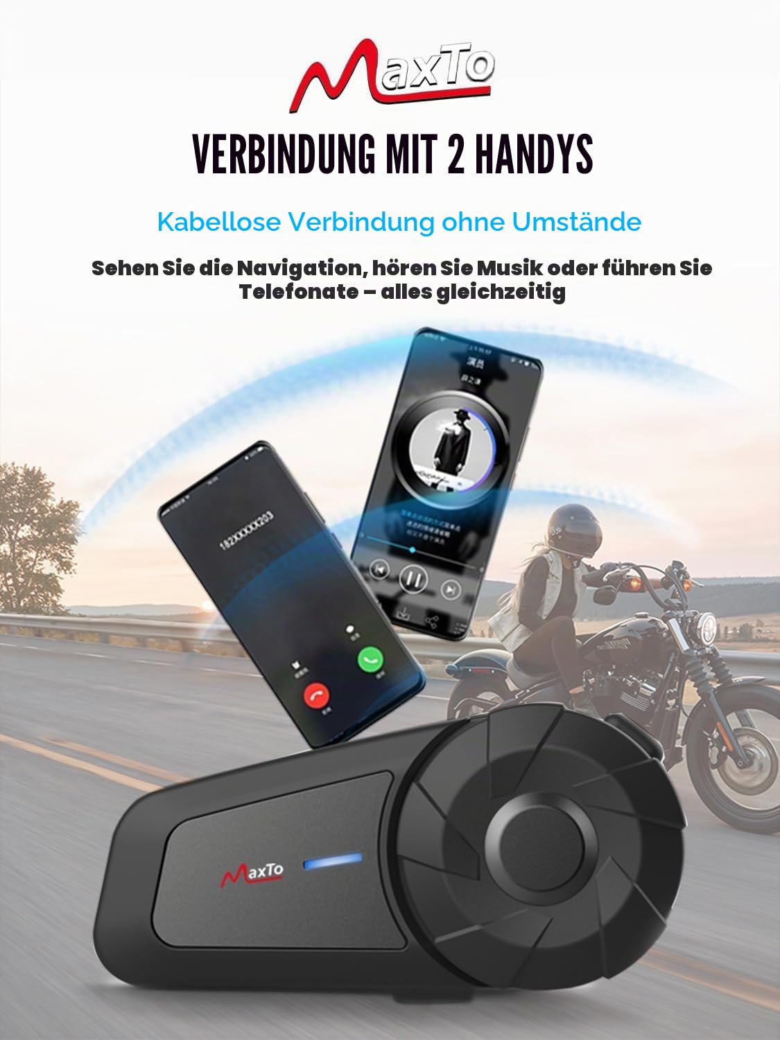 MAXTO Motorradhelm Bluetooth Headset Outdoor Headset Freisprecheinrichtung Lautsprecher Bluetooth 5.3 EDR Wireless Motorrad Headset Automatischer Anwser Headset Hohe Klangqualität Kopfhörer,2 Pack