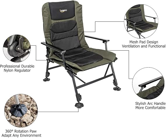 VINGLI Heavy Duty Fishing Chair with Footrest Support 440 LBS, Oversized Camping Chairs with 160 Adjustable High Back, Beach Chair for Outdoors/Yard/Forest