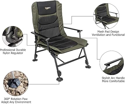 VINGLI Heavy Duty Fishing Chair with Footrest Support 440 LBS, Oversized Camping Chairs with 160 Adjustable High Back, Beach Chair for Outdoors/Yard/Forest