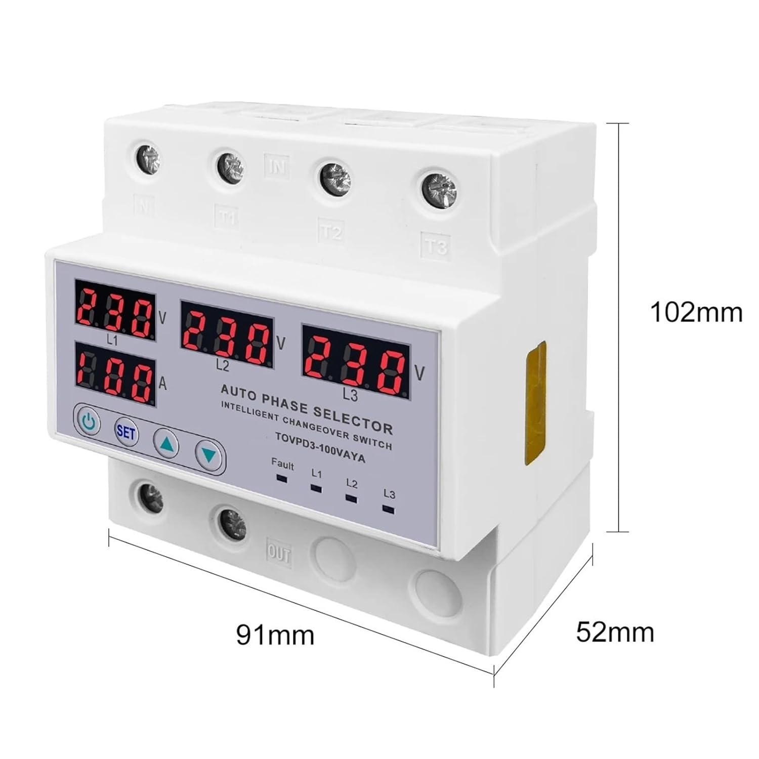 100A 3 Phase 3P+N Din Rail Phase Selector Adjustable Over and Under Voltage Current Protection Monitor Relays Protector 1Pcs
