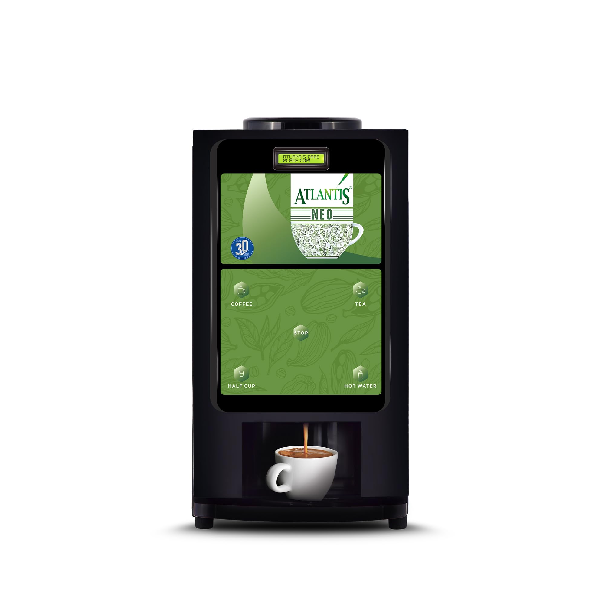 ATLANTIS Neo 2-Lane Premix Based Tea & Coffee Vending Machine | 3 Liters Hot Tank Capacity | Dedicated Hot Water Option| For Shops, Offices, Hotels & Restaurants| No Milk Required