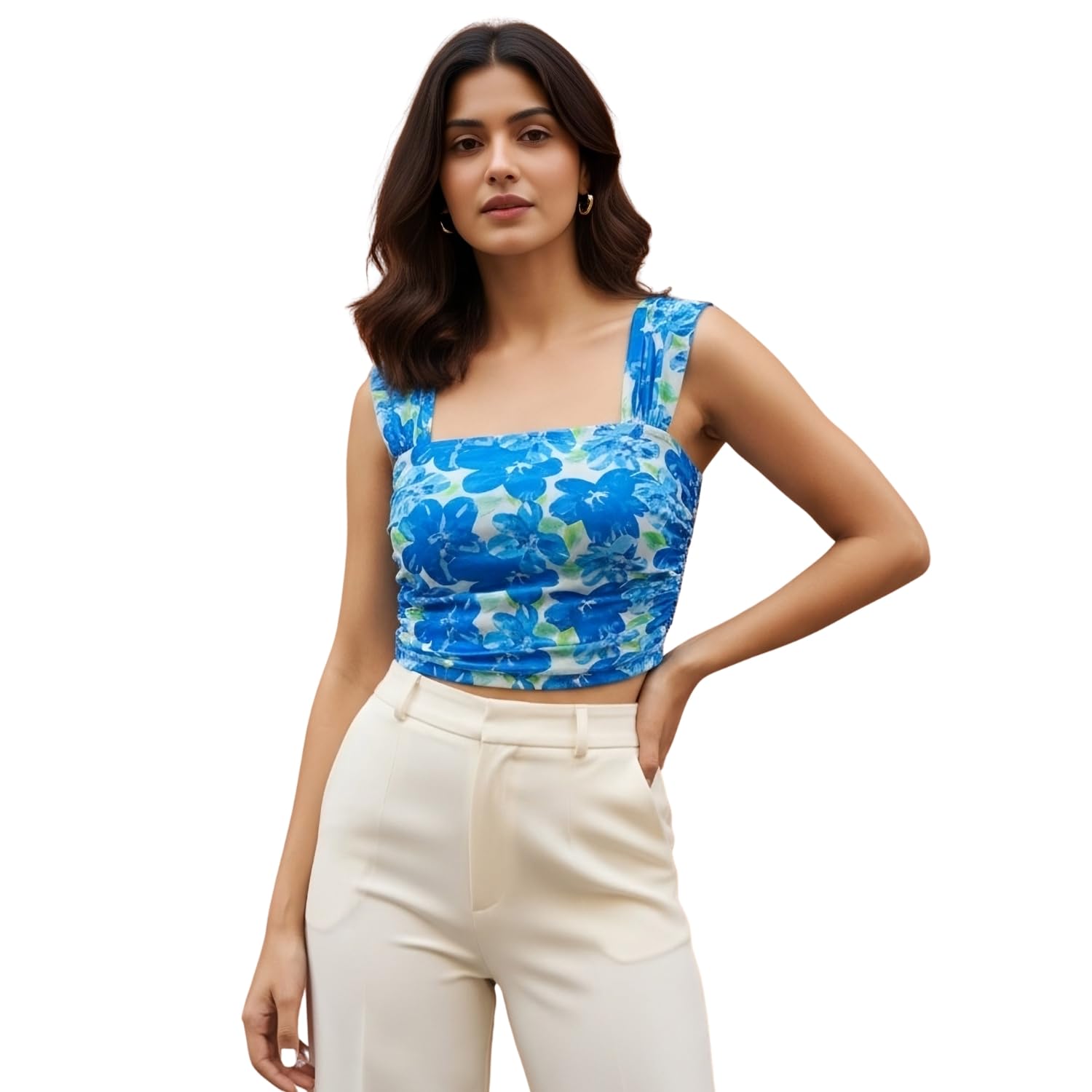Berrylush Women Floral Print Square Neck Tank Crop Top | Sleeveless Summer Casual Top for Women in neutral