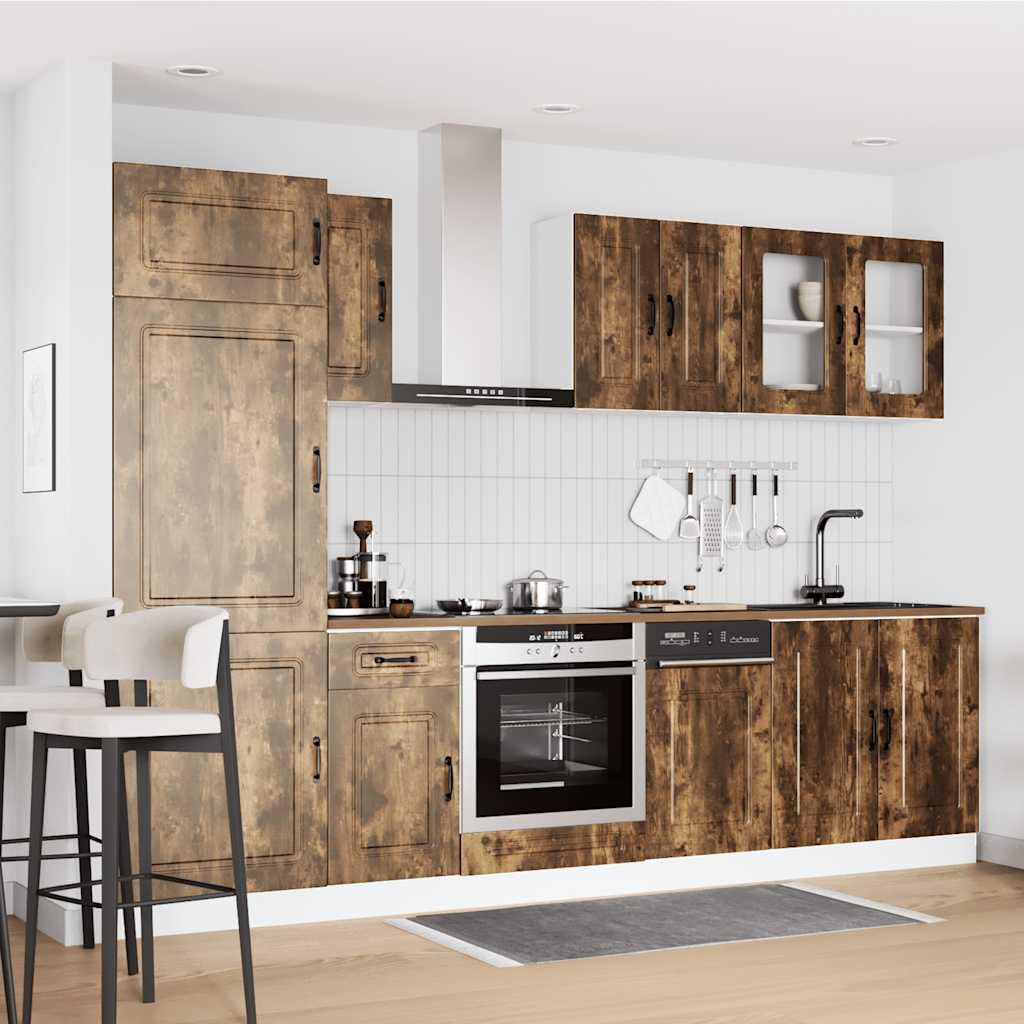 8-teilige Küchenzeile Kalmar Räuchereiche Holzwerkstoff | Stauraumlösung für Ihre Küche mit verstellbaren Füßen und vielseitig kombinierbaren Elementen.