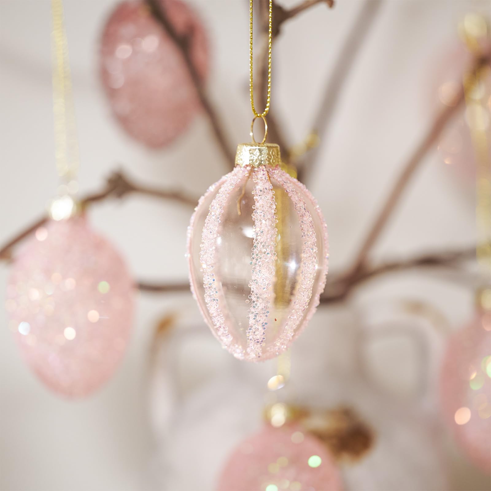 DN DECONATION 12-teiliges Set Geblasene Gläserne Ostereier, Luxus Osterdeko mit Glitzer & Pailletten in Rosa/Gold, Elegante Osteranhänger für Baum, Wand & Tisch, Hochzeitsdekoration Geschenk