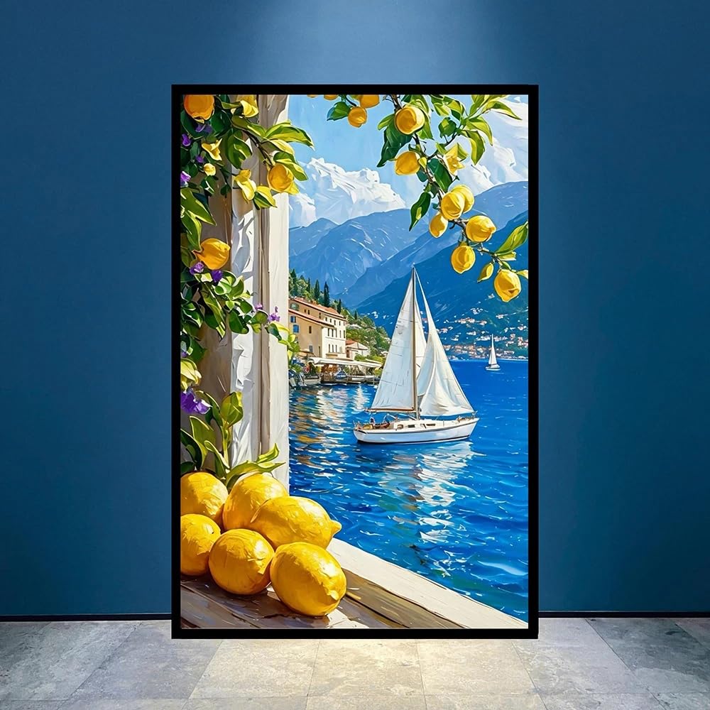 GOSRD Art Canvas Prints With Lemon Tree By The Sea And View Of Window, Modern Home Room Decor(60x85cm)