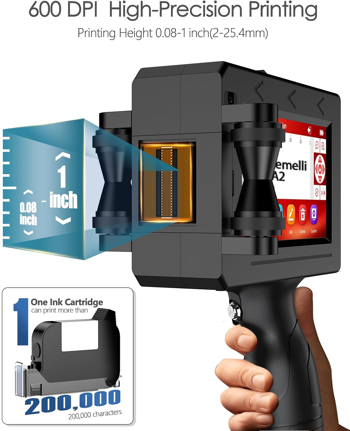 1" Handheld Inkjet Printer Gun,A2 Portable Ink Batch Coder with 42ml Fast-Drying Ink,4.3" Touch Screen Hand Held Printers for QR Code,Barcode,Batch Number,Text,Date Printer (Printing Height: 2-25.4mm)