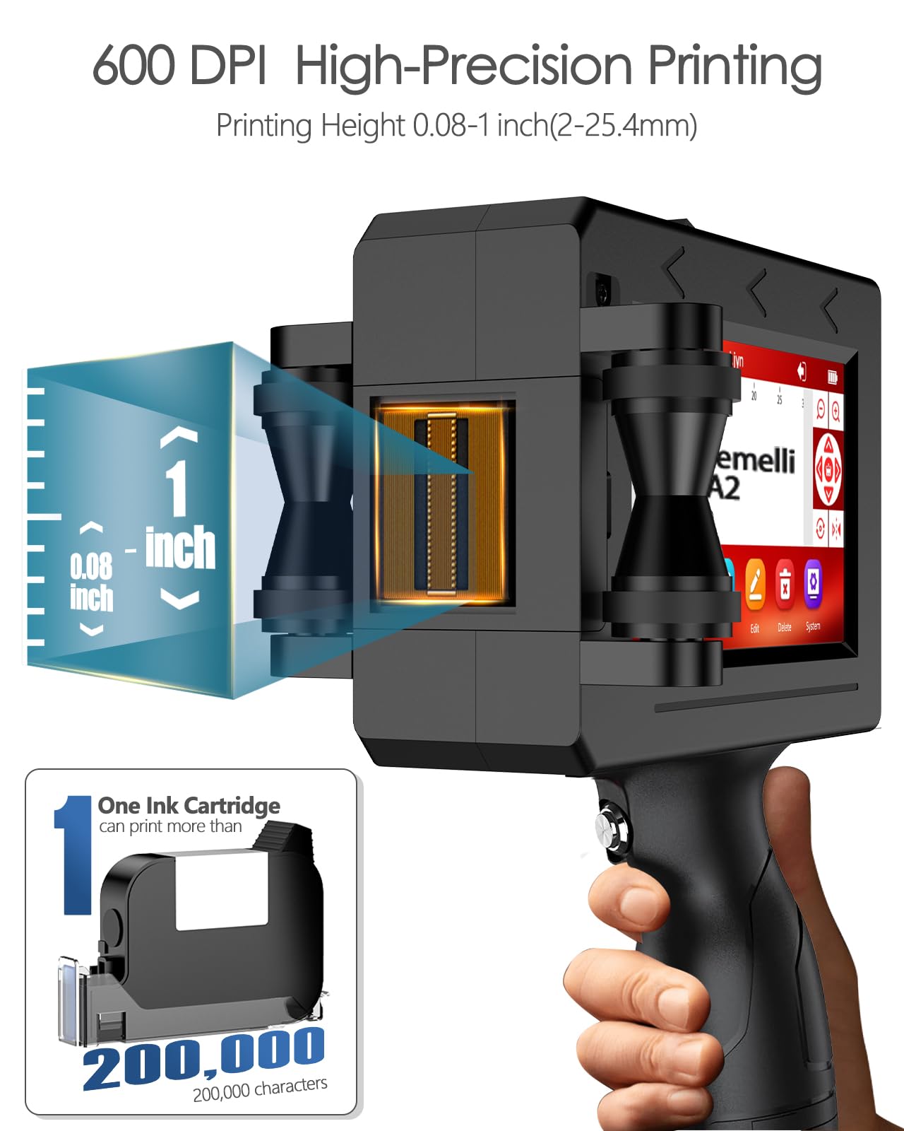A2 Impresora de Mano Portátil, Impresora Portátil de Inyección con 42ML Cartucho de Tinta de Secado Rápido,Pulgadas para Texto QRCode/Código de barras/Número/Image（Altura impresión: 2-25,4 mm）