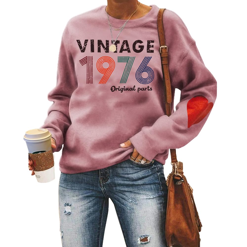 Mlzhan Women's Rose Gold 1 Vintage 1976 Sweatshirts 50Th Birthday Gift Tops Long Sleeve With Red Heart Born In 1976 Retro Sweatshirt (,M)