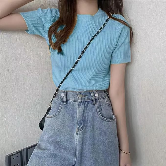 Image of Typical Fashion Women's Ribbed Knit Slim Fit Top - Short Sleeve, Round Neck, Stretchable Stylish T-Shirt for Casual & Formal Wear