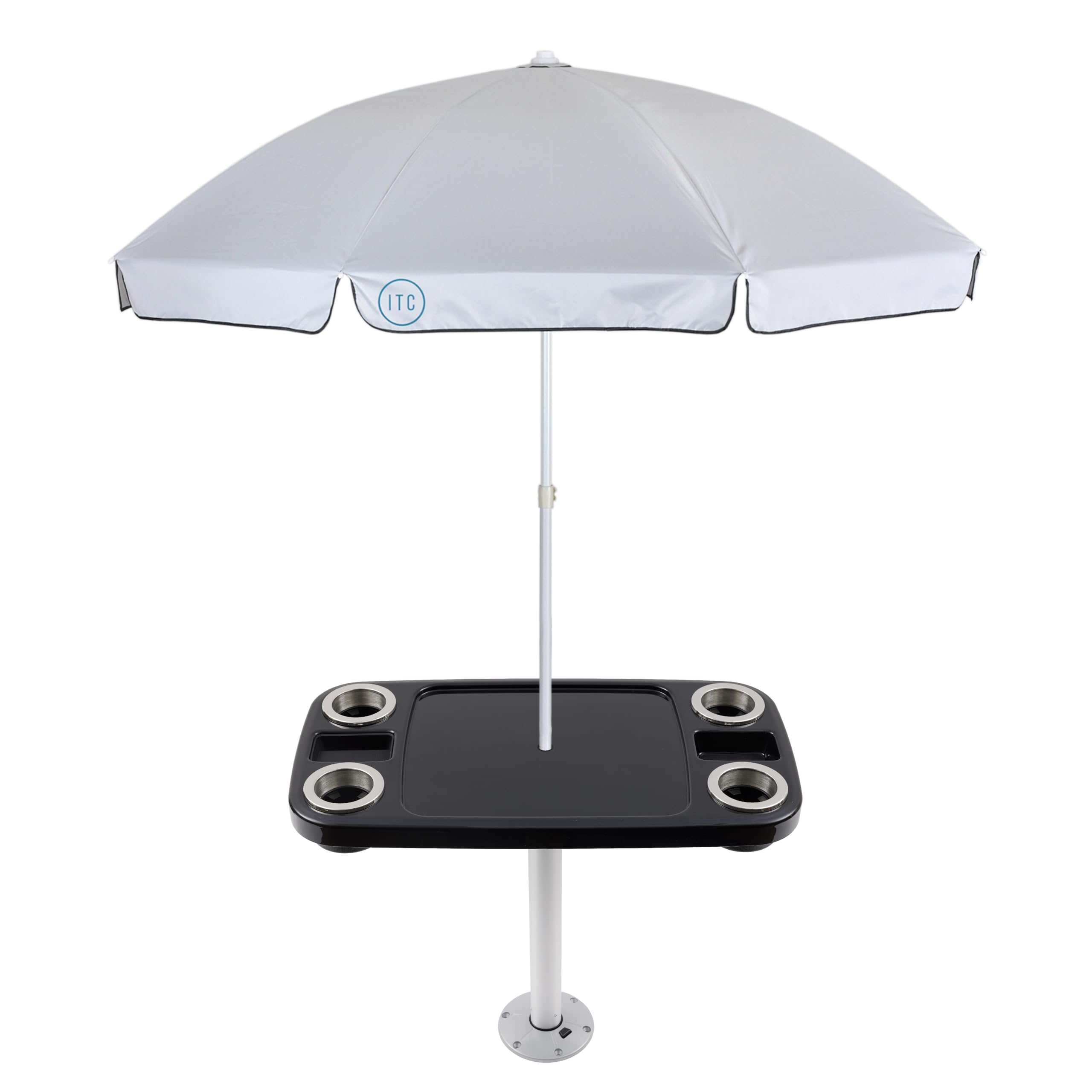 Manufacturers' Select ITC Boat Table w/Tilting and Adjustable Height Umbrella Set - Large Table Top, Pedestal Table Leg, 4 Large Drink Holders, 2 Phone Slots (Glossy Black w/Silver Leg)