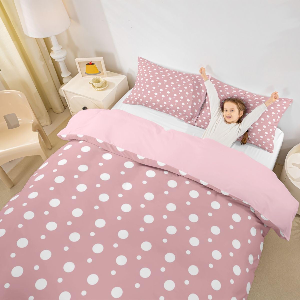 Castle Fairy Polka Dots Kids Duvet Cover Set Queen Size,Abstract Dots Geometric Girls Boys Bedding Set,Modern Simple Style Room Decor,Light Pink Quilt Cover,2 Pillowcases(No Comforter) image 5