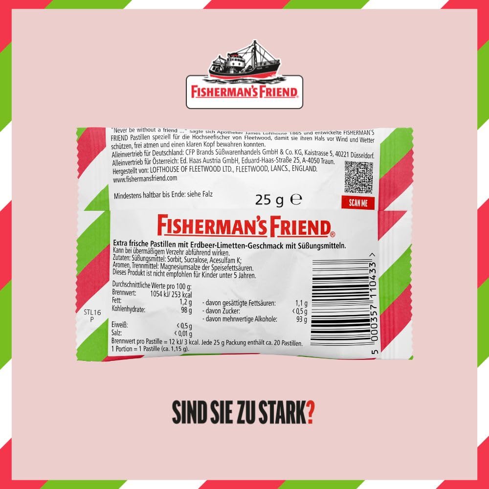 Fisherman's Friend Strawberry und Lime, 24er Vorratsbox, Exklusive Sorte mit Erdbeer, Limette und Menthol Geschmack, zuckerfrei und vegan, Bonbons für frischen Atem, 24 x 25g