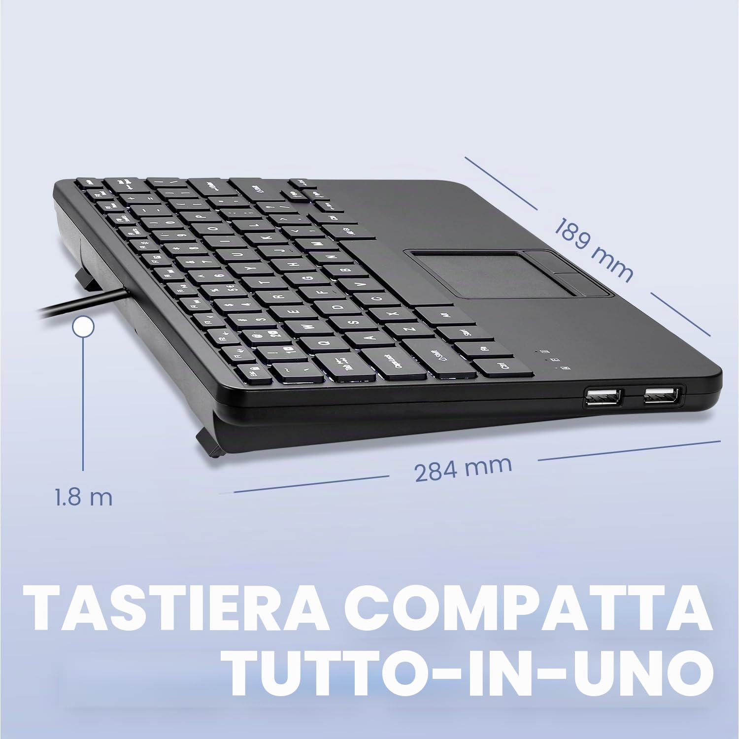 Perixx PERIBOARD-425 Tastiera Mini con Touchpad, Cablata, Tasti a Forbice, Retroilluminazione Regolabile, Layout Italiano, 78 Tasti, Compatibile con Windows, Nero