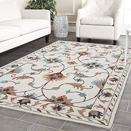 Image of Export Quality Handtufted Woolen Carpet for Living Room Bedroom & Hall - Color - White /Multi - Size - 5 x 8 Feet