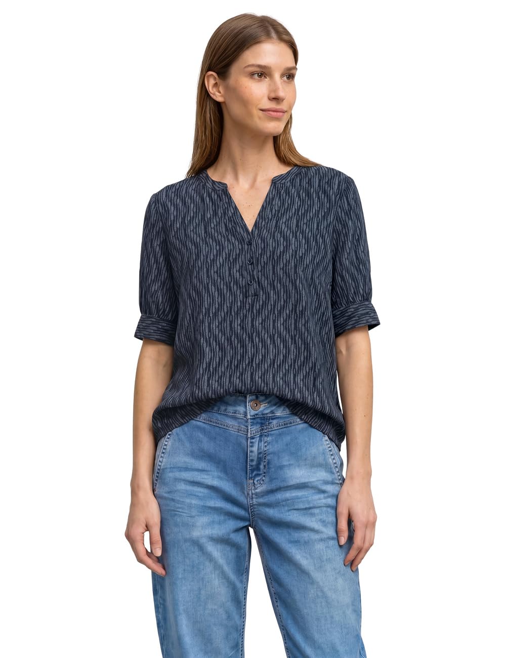 Street One Short Sleeve Blouse with Split Neck and Elastic Hem Ashen Blue 40