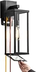 mirrea 11" Classic Outdoor Wall Sconce with Built-in GFCI Outlet 1 Light in Matte Black Rectangular Metal Frame and Clear Glass Shade Waterproof Porch Light Patio Light