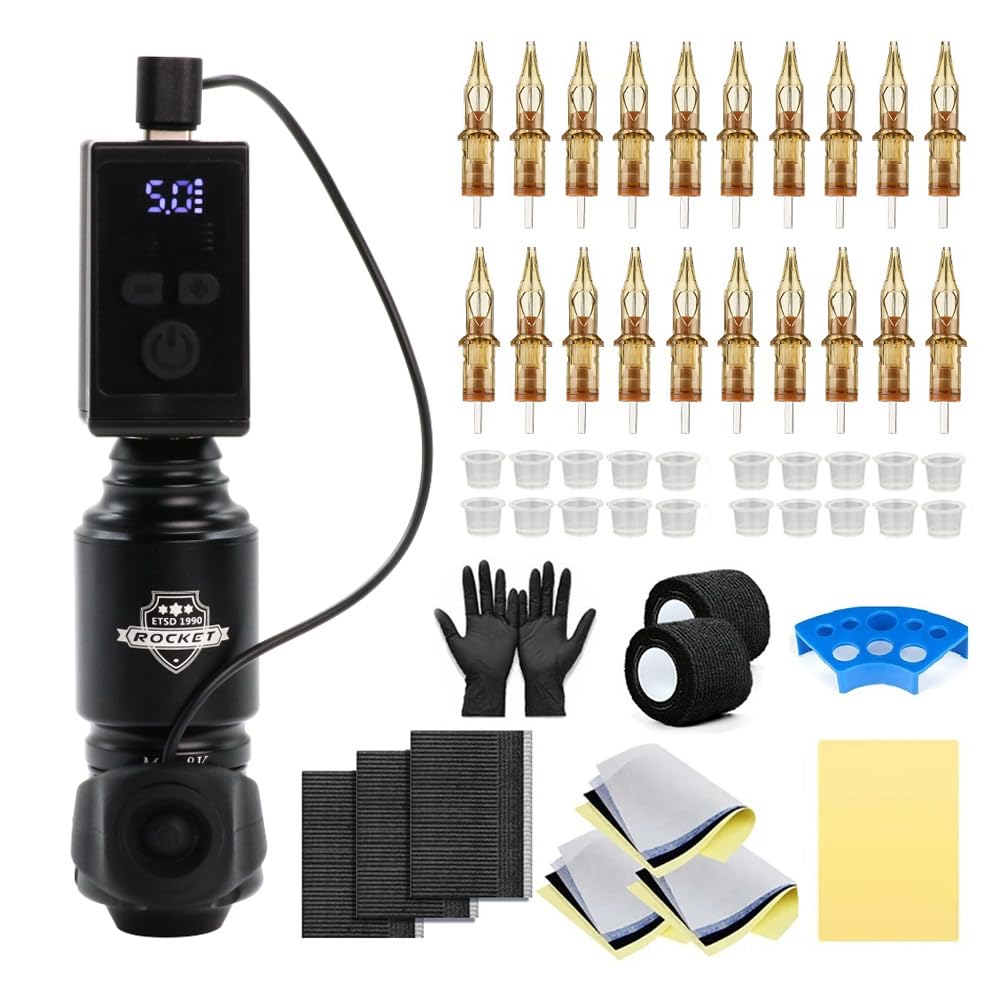 Wireless Tattoo Gun Kit Tattoo Pen Machine Kit RCA Interface Rocket Tattoo Machine Wireless Tattoo Power Supply Tattoo Supplies for Body Artists and Beginners