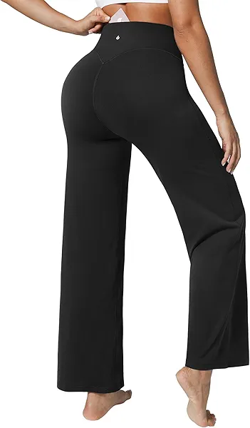 BRXL Women High Waist Tummy Control Straight Leg Leggings Wide Leg Yoga Pants Fold Over Soft Casual Work Pants w Pocket