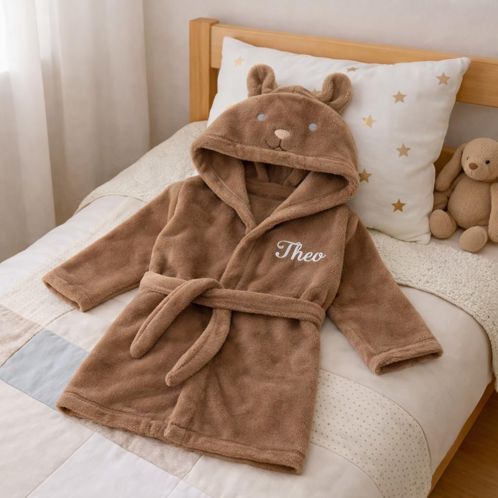 Générique Peignoir Enfant personnalisé avec prénom brodé – Marron avec Capuche à Oreilles – Cadeau Naissance ou Anniversaire – De 2 à 6 Ans (Marron)