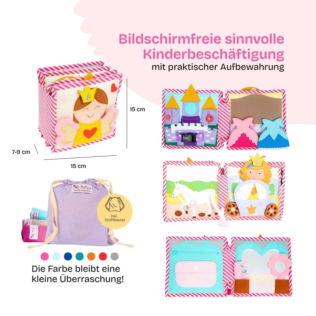 Jolly Designs Mini Quiet Book Kleine Prinzessin – Montessori Spielzeug ab 36 Monaten – Sensorisches Stoffbuch für Kinder – Handgemachtes Busy Book mit 6 Aktivitätsseiten