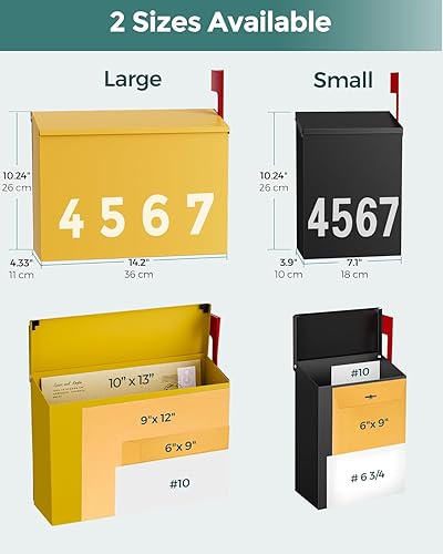 Miniatura 87 de LAND·VOI Buzón de pared con un kit de bandera y tres juegos de calcomanías de números de buzón de 0 a 9, buzones para exterior, buzón de metal Negro