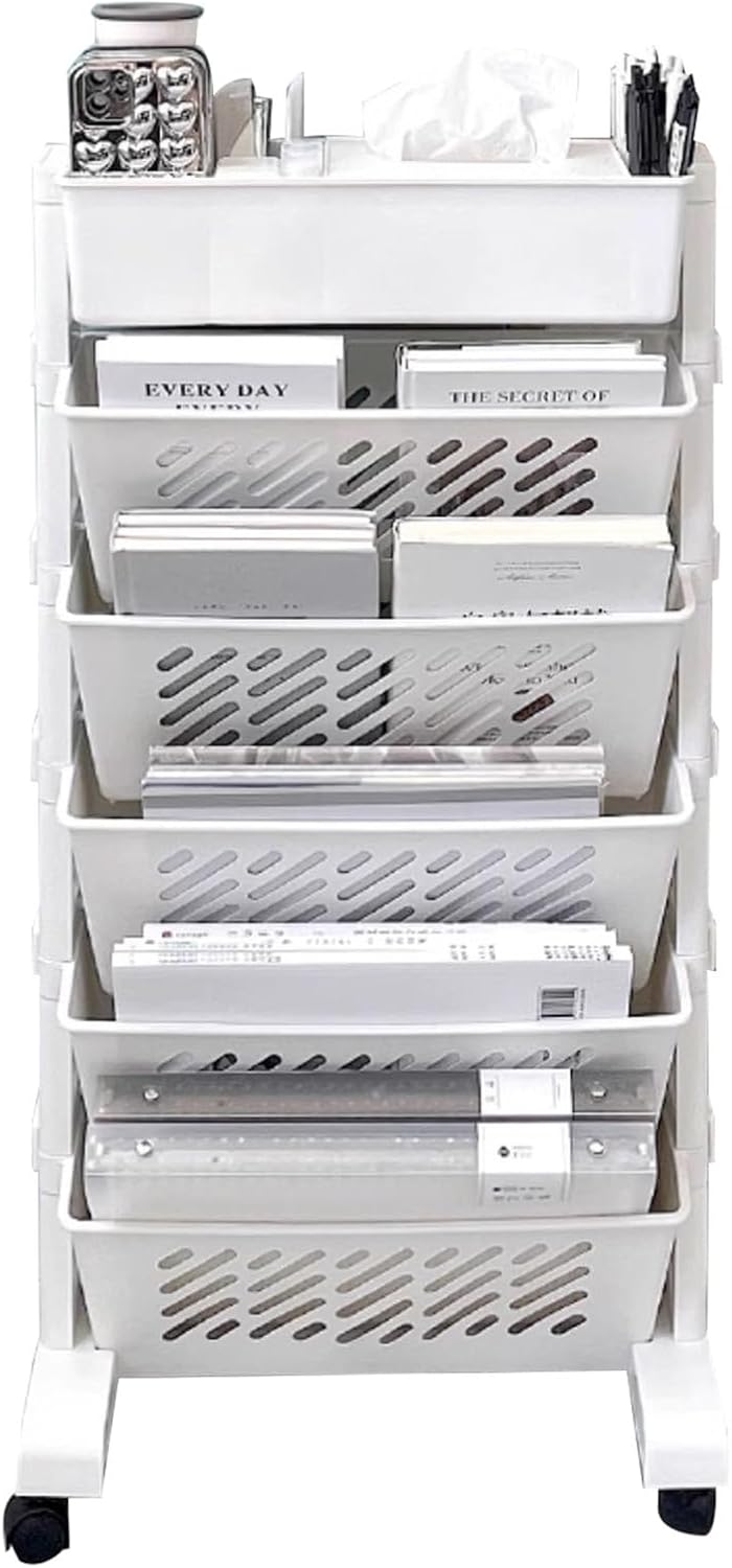 Book cart5-Tier Classroom Deskside Bookshelf Movable, Home Office Desk Storage Organizer Magazine Rack, Narrow Space Open Shelf, for Waiting Room Hospitals Entryway