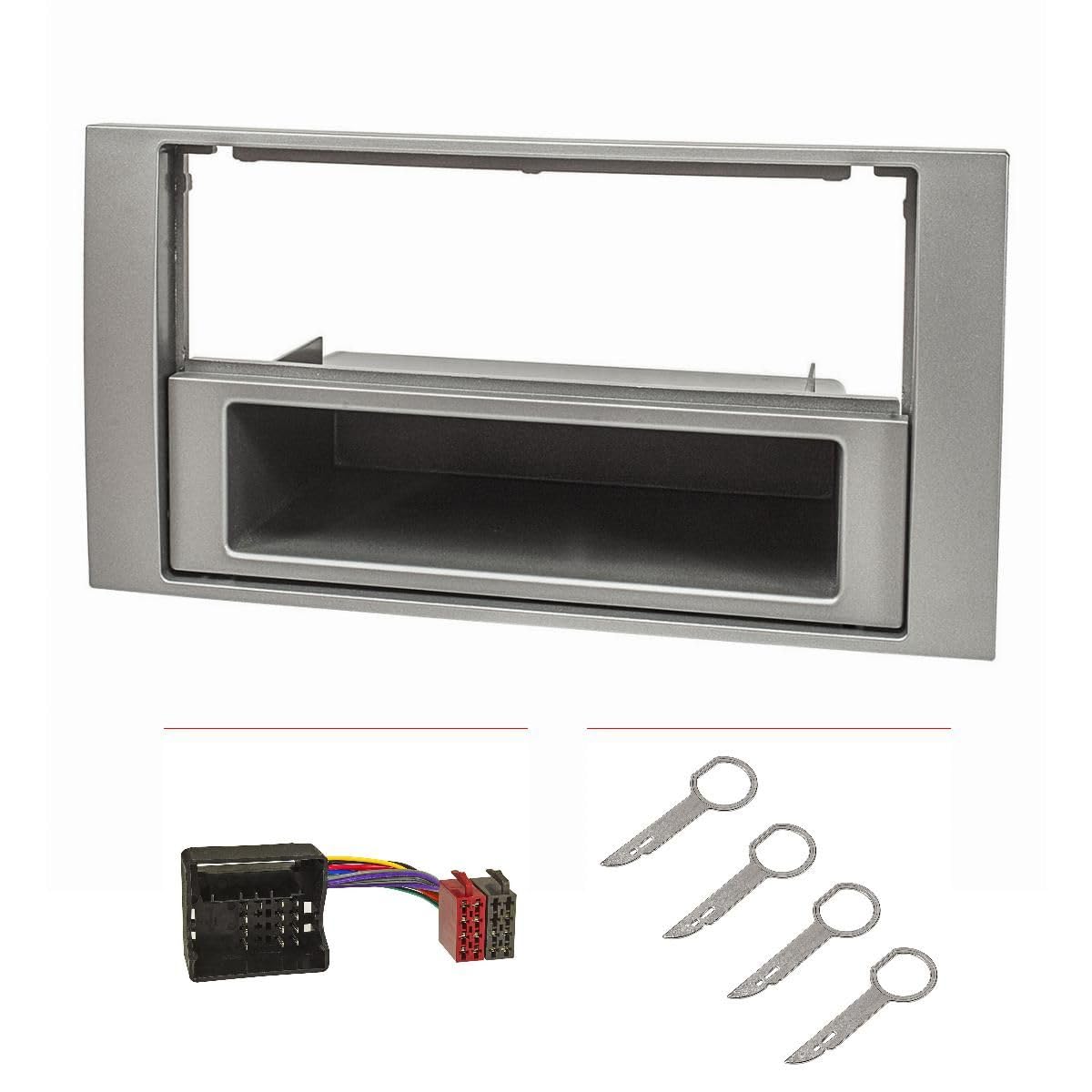 tomzz Audio 2415-037 Radioblende Set kompatibel mit Ford Focus 2 Fiesta C-Max S-Max Galaxy Mondeo Kuga Transit Silber mit Quadlockadapter ISO Entriegelungsbügel