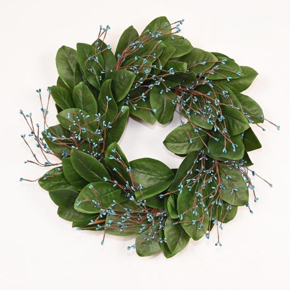 Handcrafted 22 Inch Faux Berry Wreath, Artificial Greenery Wreath with Lifelike Berries for Front Door, Year Round Decor, Farmhouse Wall and Mantel Decor (lw53)