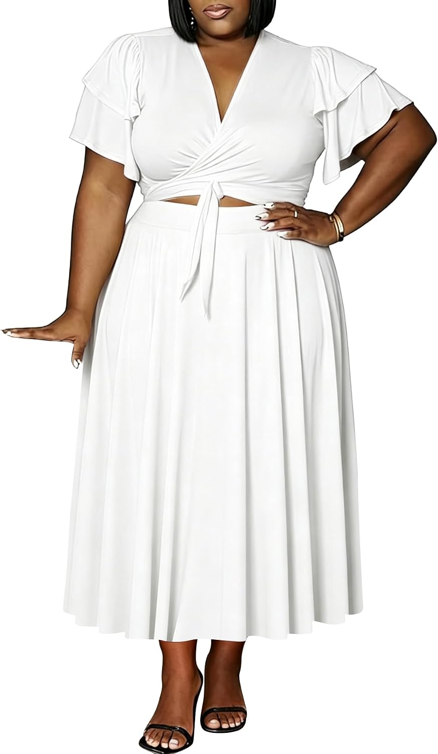 Women's Plus Size 2 Piece Outfits Summer Ruffle Short Sleeve Tie Up Crop Top and Flowy Maxi Skirt Matching Sets