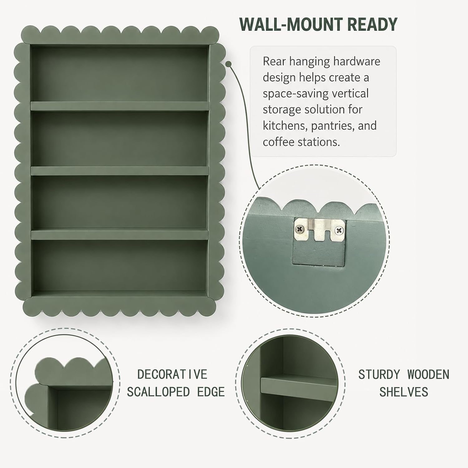 4-Tier Scalloped Wood Spice Rack Wall Mount, 22 x 17inch Floating Shelves for Spices & Seasoning Jars, Aesthetic Wavy Edge Storage Organizer for Farmhouse Kitchen Pantry & Wall Decor image 4